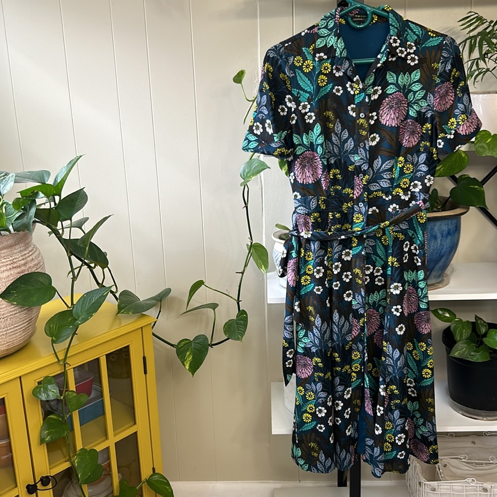 J. Crew X Abigail Borg Shirt Dress Tie Waist Buttons Size 2 Floral Blue Green - Picture 8 of 14